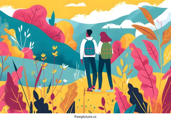 Couple Hiking in a Mountain Landscape Illustration