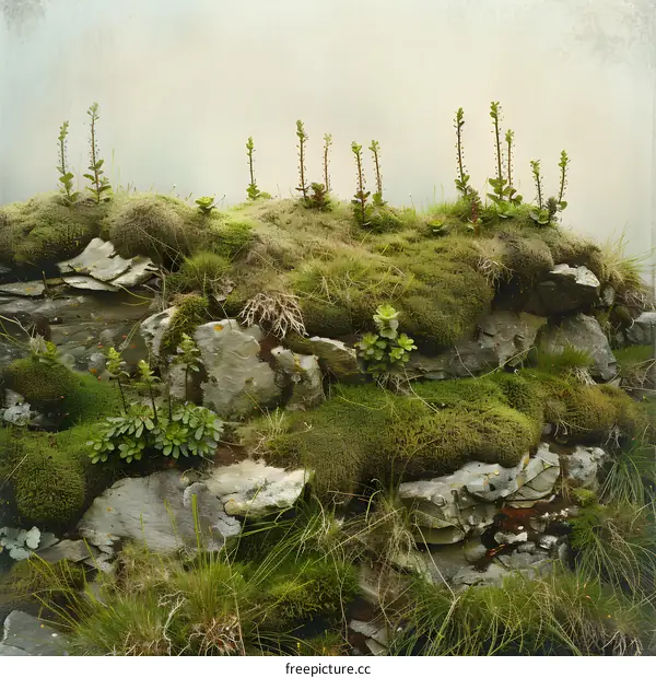 Stone Wall Covered in Lush Green Moss and Plants