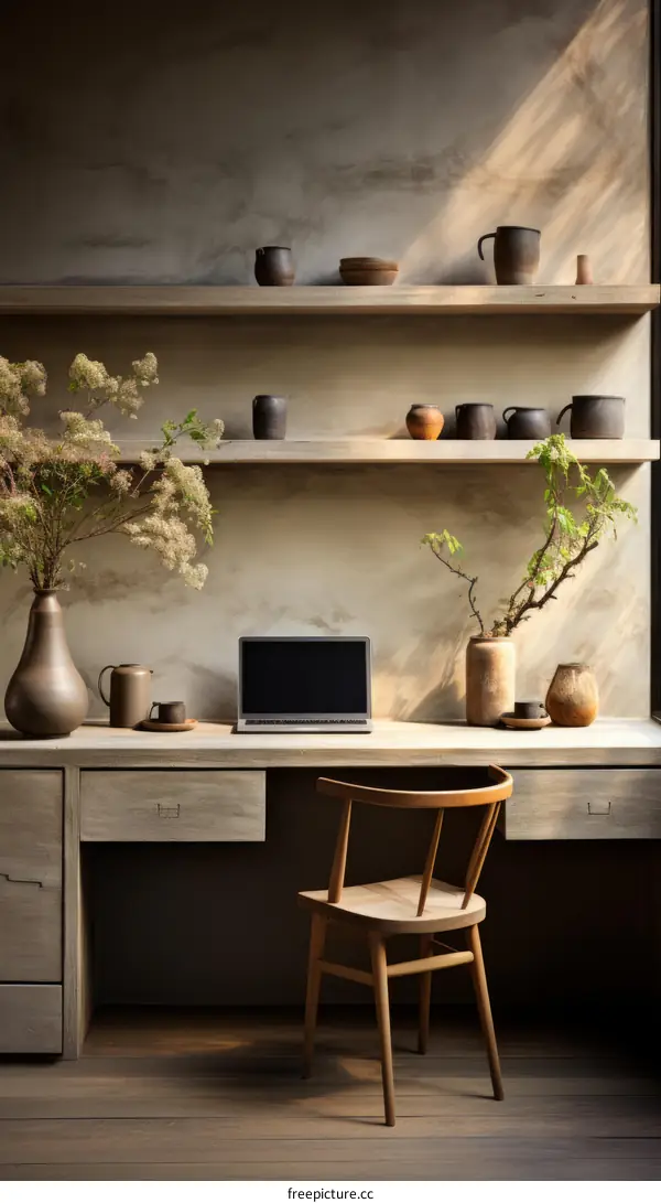 A desk with a laptop, a chair, and a vase of flowers