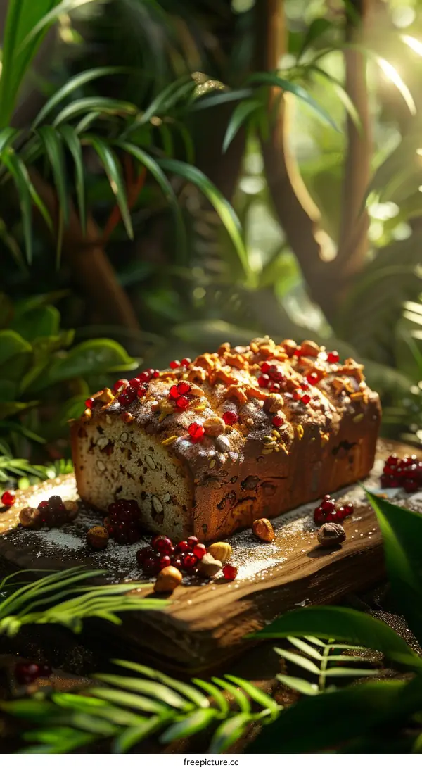 Homemade Cake with Berries Surrounded by Tropical Foliage
