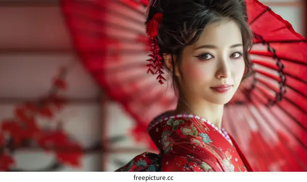 Portrait of a beautiful Japanese woman in traditional kimono