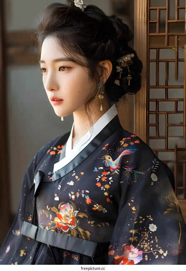 Portrait of a young woman in traditional Korean dress, or Hanbok