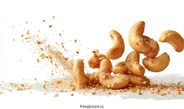Fresh Cashew Nuts Being Crushed in Mid Air with Crumbs