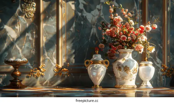 Elegant porcelain vases with golden floral ornament