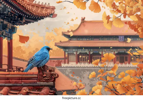 A blue bird on the roof of the Forbidden City in autumn