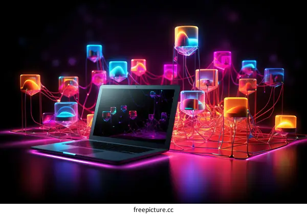 Laptop And Colorful Glowing Circuit Cubes