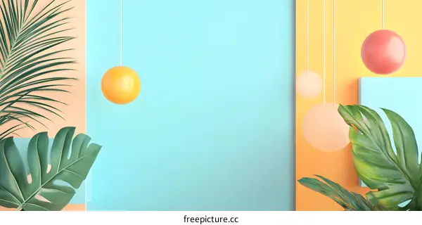 Tropical Leaves and Colorful Hanging Lamps Minimalist Background