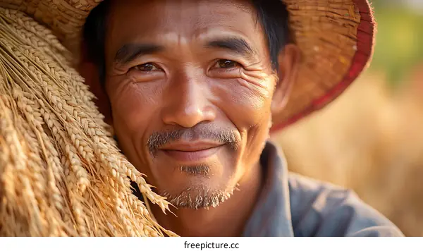 Close Up Portrait of a Smiling Asian Farmer with Wheat Ears