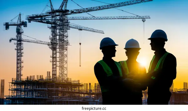 Construction Workers Discussing Project at Sunset