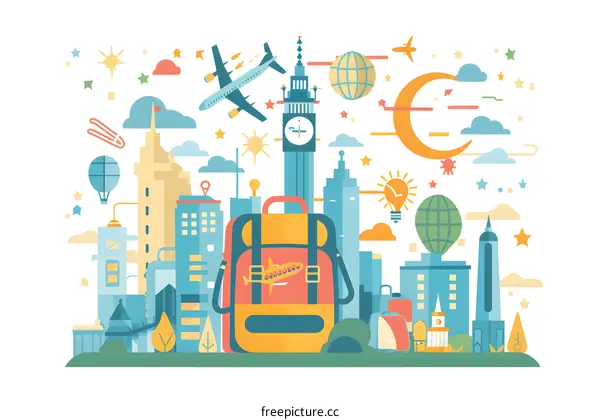 Travel Illustration with Backpack and Cityscape