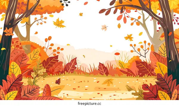 Autumn Forest Landscape with Falling Leaves Illustration