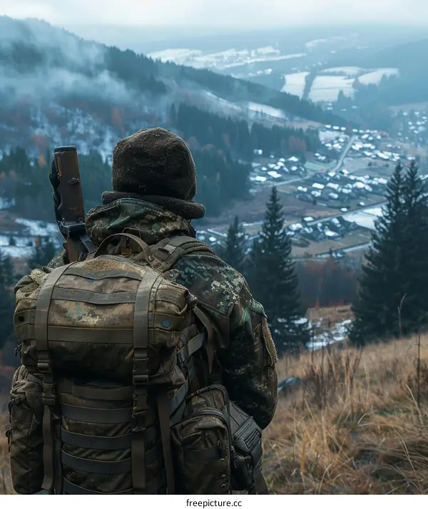 Soldier looking at a valley from a hilltop