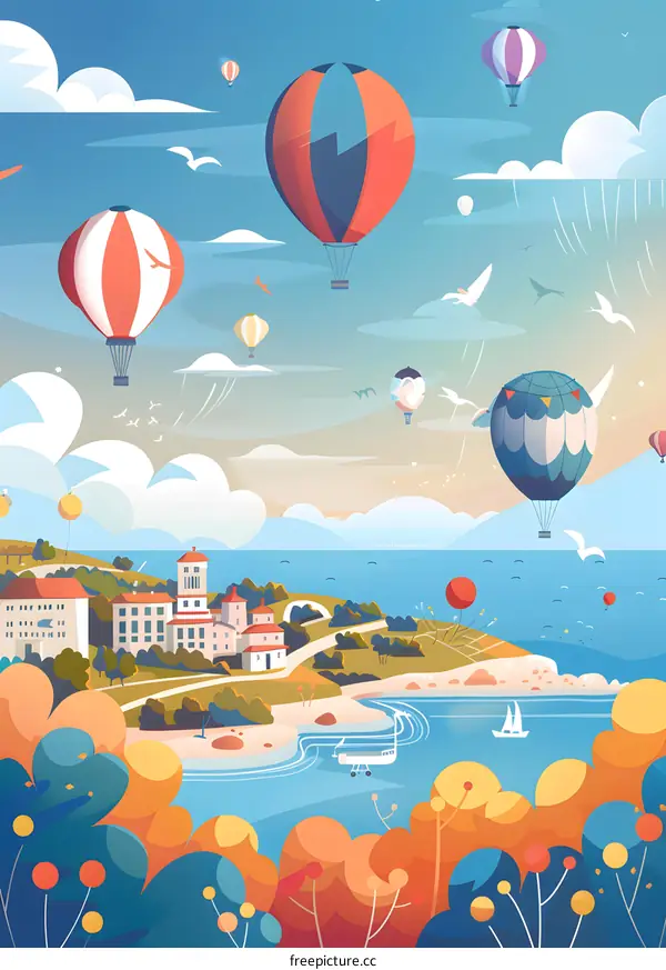 Colorful Hot Air Balloons Floating Above a Coastal Town