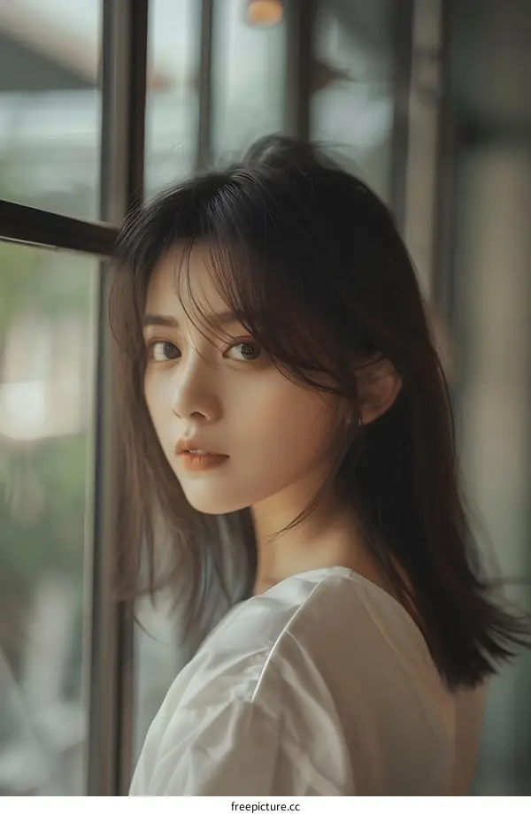 Asian Woman Looking Through Window