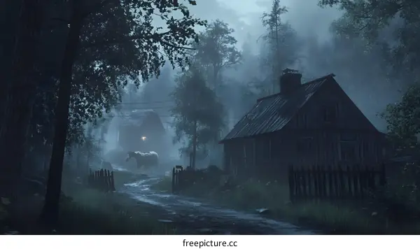 Forest Cabin with Horse in the Mist