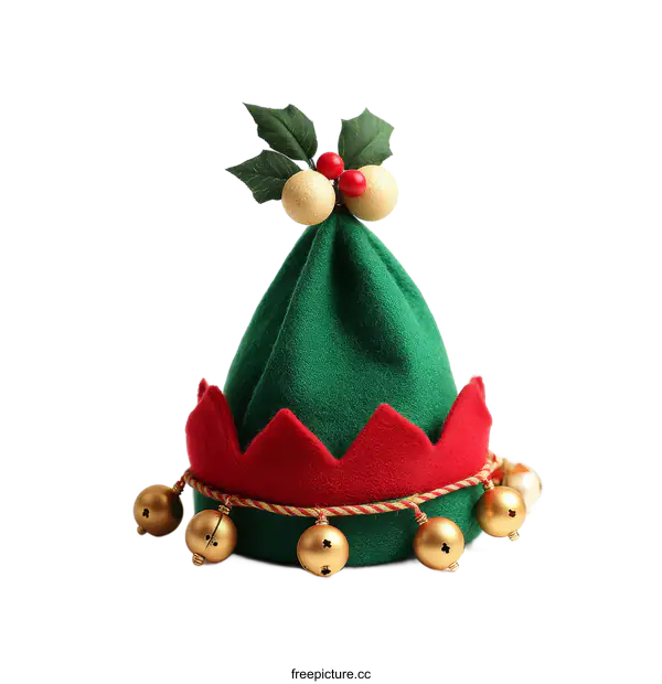 [Transparent Background PNG]Christmas Elf Hat with Bells and Holly