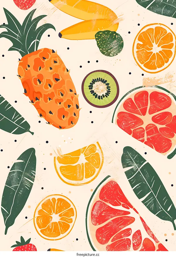 Tropical Fruit Pattern With Banana, Pineapple, Kiwi, Orange and Grapefruit
