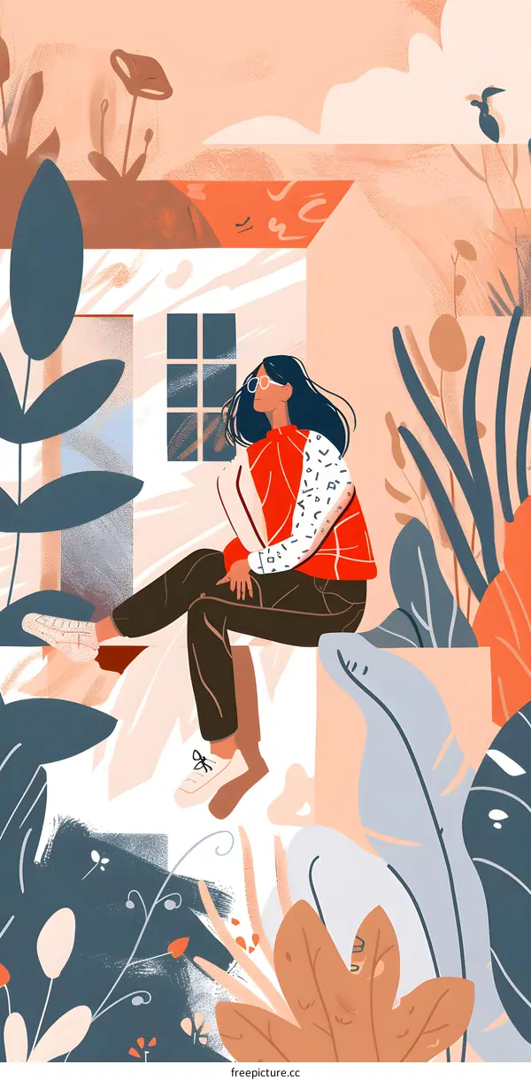 Woman Sitting Outside Home With Plants