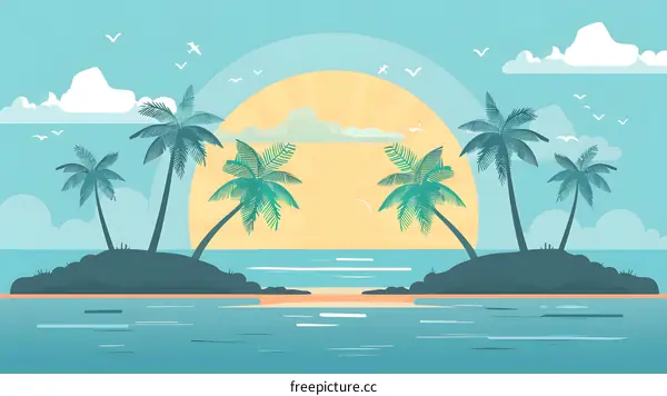 Tropical Sunset Beach Illustration With Palm Trees And Sun