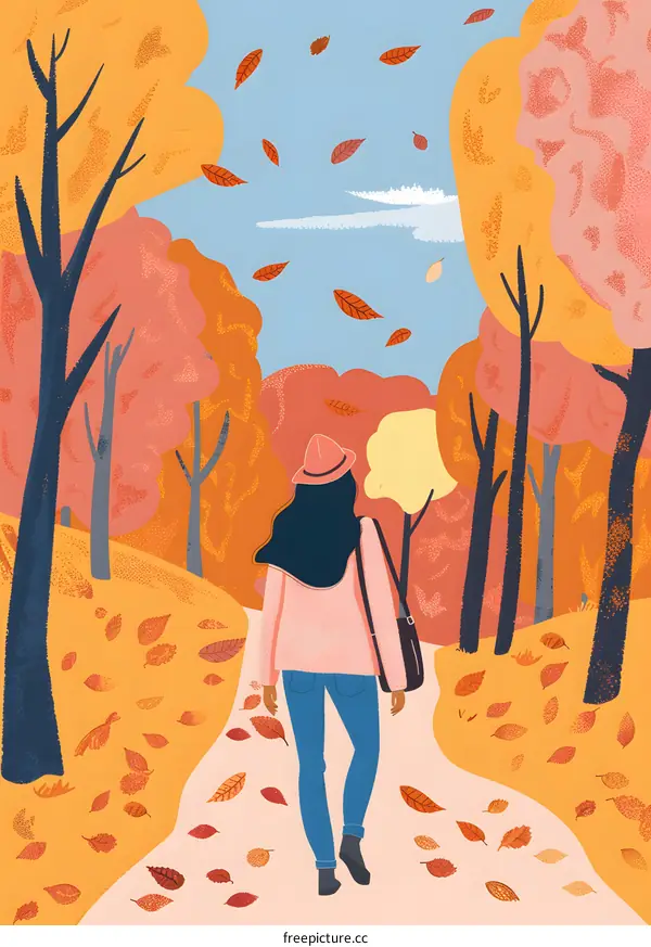 Woman Walking Through Autumn Forest Illustration
