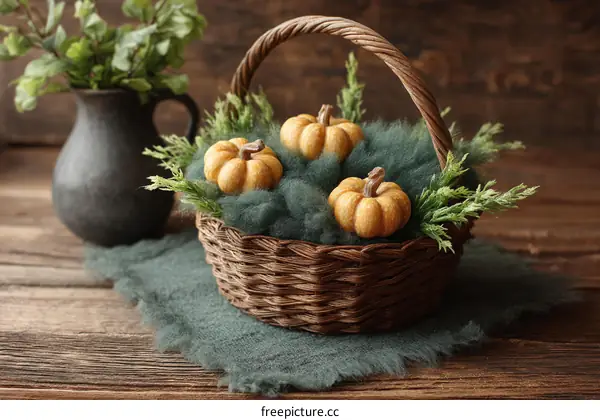 Autumnal Basket with Decorative Pumpkins