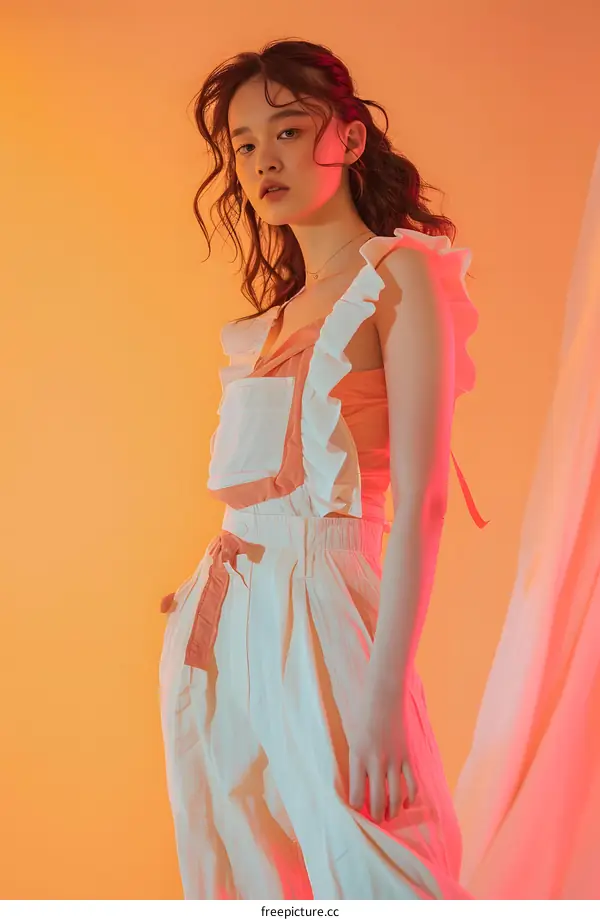 Young Woman with Ruffled Top and White Pants Against a Warm Orange Background
