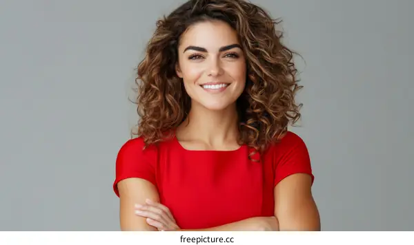 Smiling Woman in Red Dress Studio Portrait