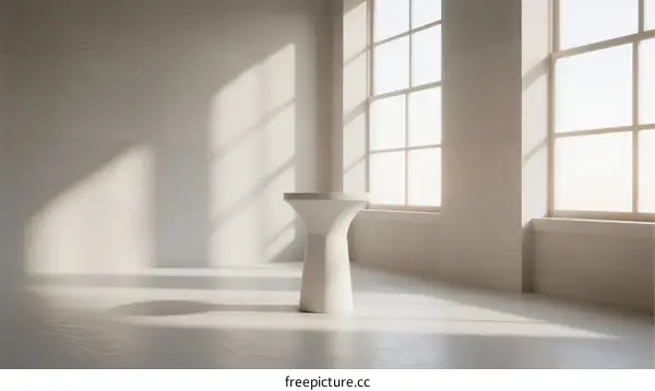 Minimalist white pedestal in a bright empty room with large windows