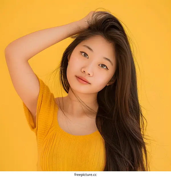 Young Asian Woman with Long Hair Posing Against Yellow Background