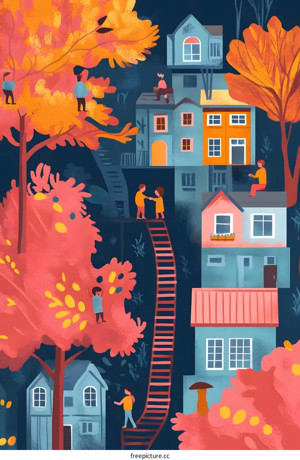 Colorful Illustration of People Living in a Treehouse Village