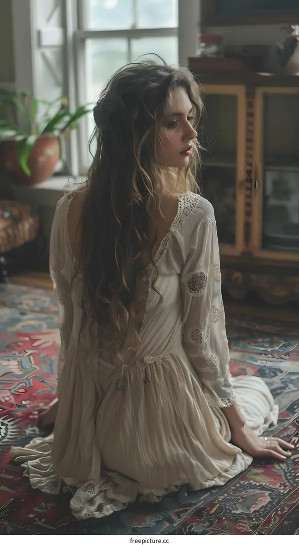 Woman with Long Hair Sitting on a Rug in a Room with a Window