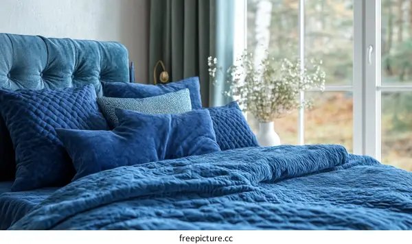Cozy Blue Bedroom Bedding Set with Natural Light