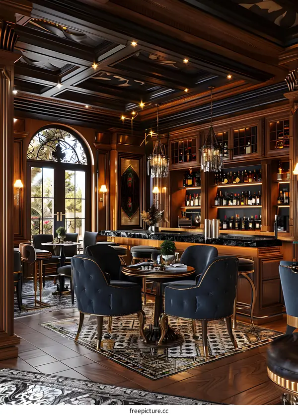 Luxury bar interior design with wood and marble