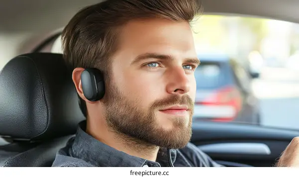 Man Wearing Wireless Headphones in a Car