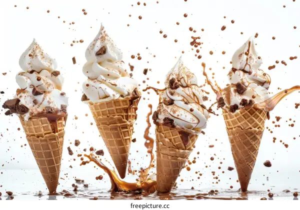 Four ice cream cones with chocolate sauce and chocolate sprinkles