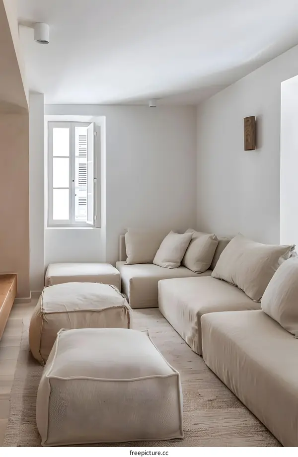 Minimalist Living Room Interior Design with White Walls and Beige Sofa