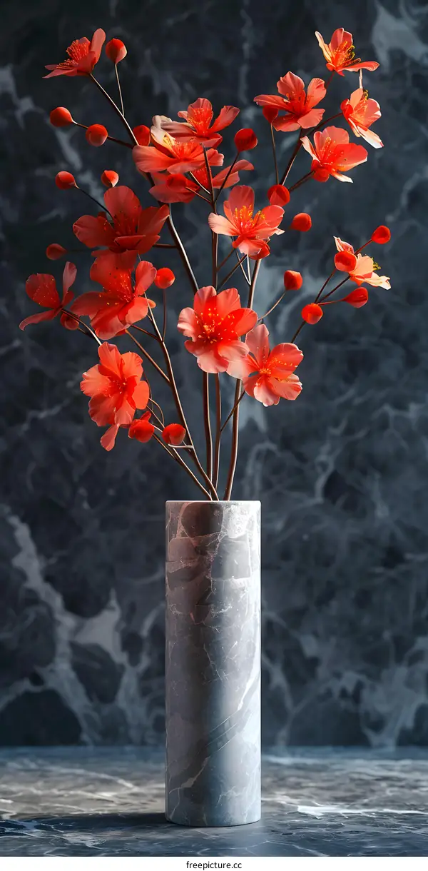 A Vase of Red Flowers on a Marble Table