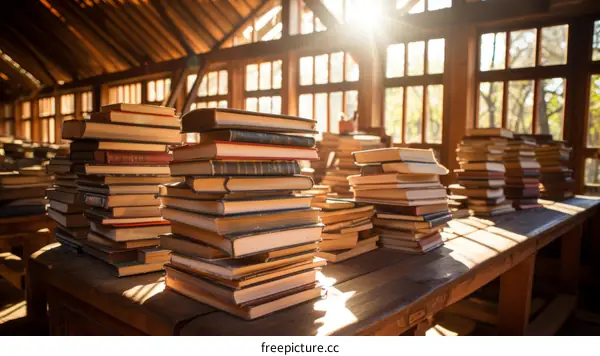 Rows of Ancient Books on Wooden Shelves in a Library
