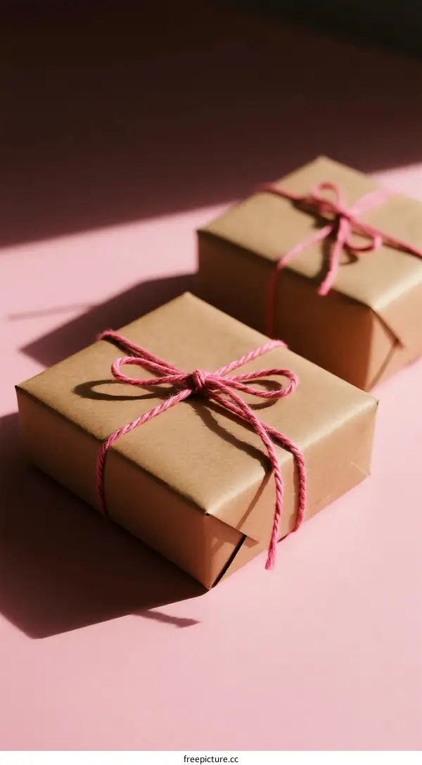 Two Gift Boxes Wrapped in Brown Paper with Pink Ribbon