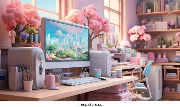 Pink and White Minimalist Computer Desk with City Skyline Wallpaper and Cherry Blossom Trees