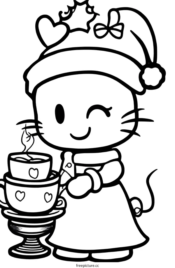 Cute Cartoon Cat Wearing Santa Hat Holding Tea Cups