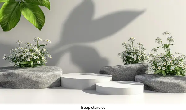 Elegant Minimalist Product Display with Flowers and Stones