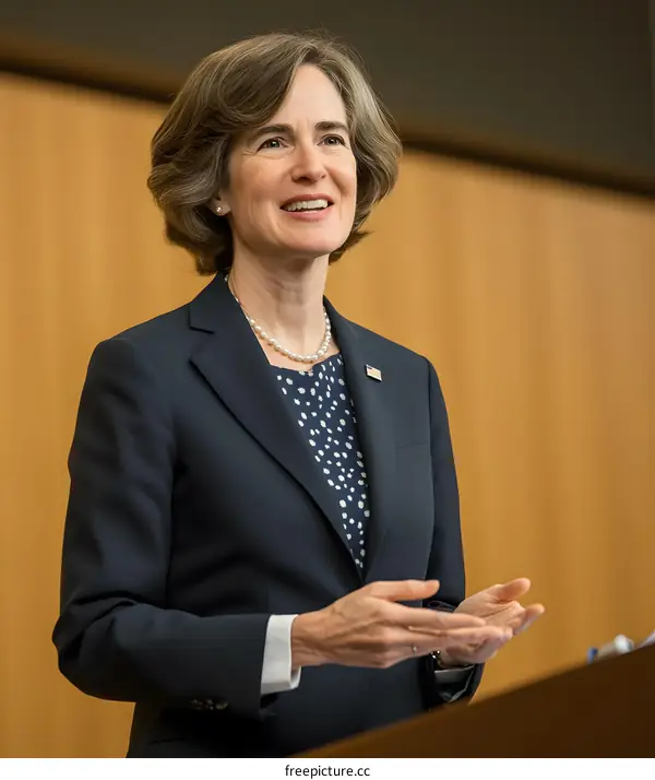 Woman in Suit Speaking at a Conference