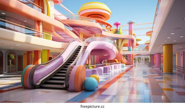 Futuristic Shopping Mall with Playful Pink Slide