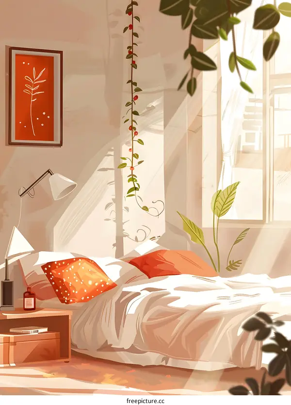 Bedroom Interior Illustration with Sunlight and Plants