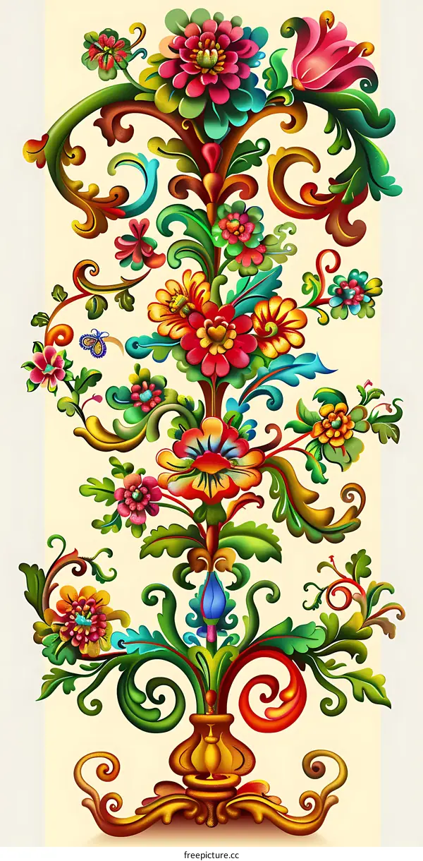 Floral Ornate Design Illustration With Colorful Flowers