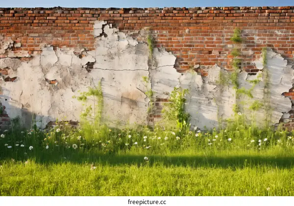 Weathered brick wall with plants growing in front of it