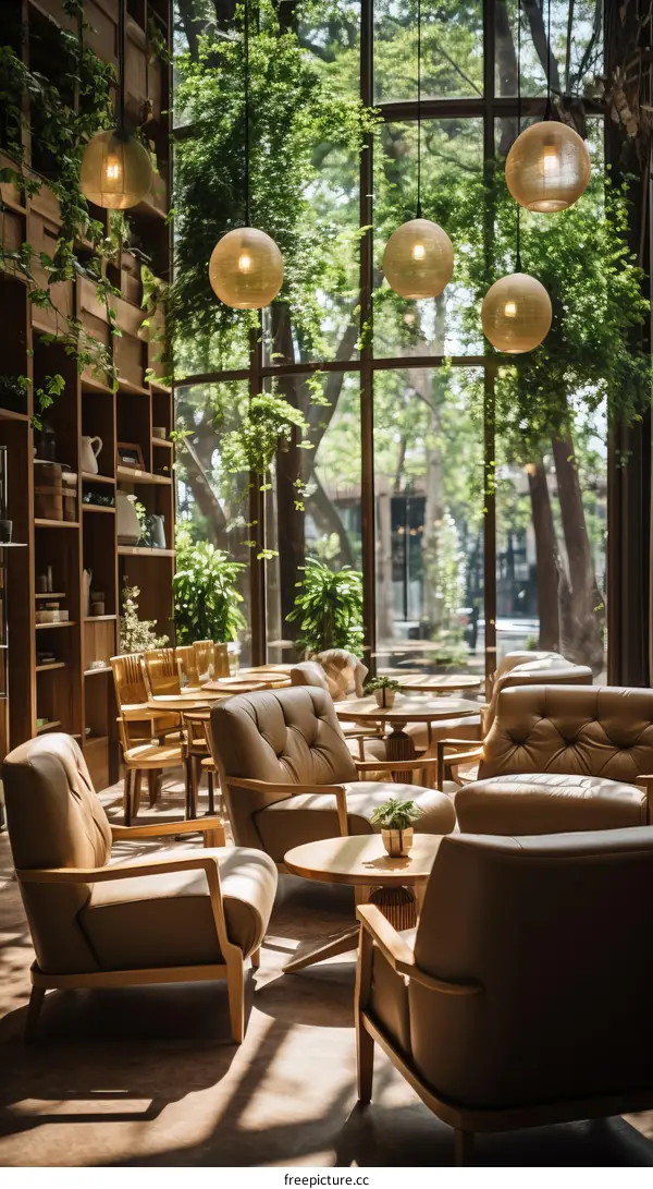 Modern Cafe Interior with Large Windows and Green Plants