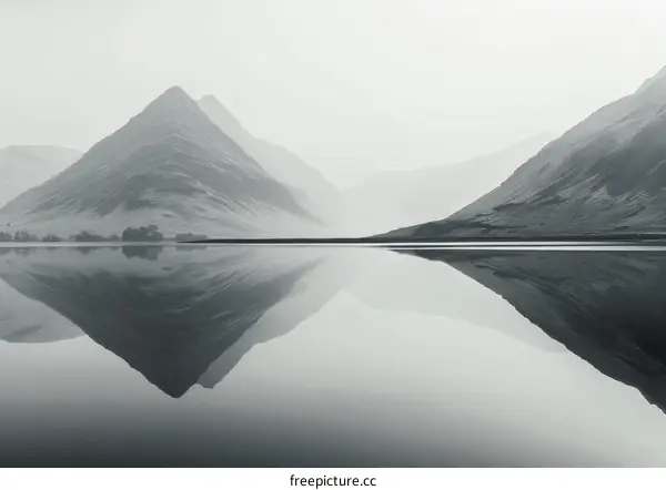 Black and white photo of mountains and lake