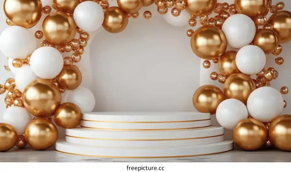 Luxury White and Gold Balloon Display with Podium